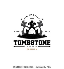 Tombstone Logo, Tomb Cemetery Cross, Vector Vintage Label, Retro Badge, Inspirational Design