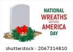A tombstone made of gray marble and a wreath of fir branches on National Wreaths Across America Day in honor of fallen heroes.