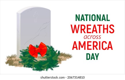 A tombstone made of gray marble and a wreath of fir branches on National Wreaths Across America Day in honor of fallen heroes.