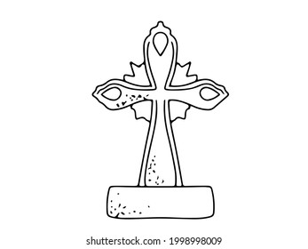 Tombstone. Monument from the cemetery is an element of decoration for Halloween. Coloring. Gloomy Doodles. Vector illustration isolated on white background