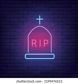 Tombstone neon icon on brick wall. Rest in peace sign. Happy halloween design. Season october holiday. Glowing effect poster. Editable stroke. Vector stock illustration