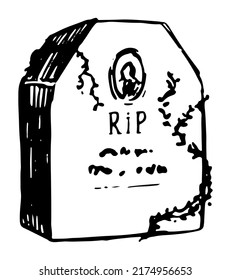 Tombstone old grave, spooky item doodle. Halloween hand drawn vector illustration in retro style. Ink sketch isolated on white.