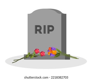 Tombstone on grave with flowers. Vector illustrations of stone graveyard with rest in peace. Cartoon granite or concrete headstone monument in cemetery isolated on white. Burial, RIP, death concept