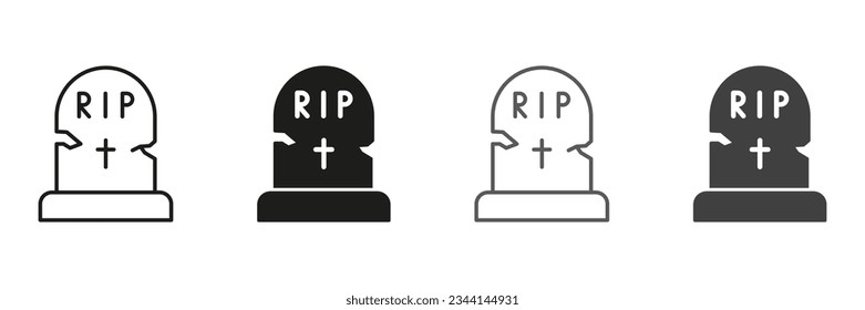 Tombstone on Grave Line and Silhouette Icon Set. Grave with RIP Text for Halloween Party Decorating Pictogram. Headstone, Rest in Peace Symbol Collection. Isolated Vector Illustration.