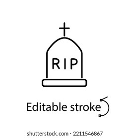 Tombstone outline icon. Rest in peace sign. Happy halloween design. Cemetery sign. Season october holiday. Customizable symbol. Editable stroke. Isolated vector stock illustration
