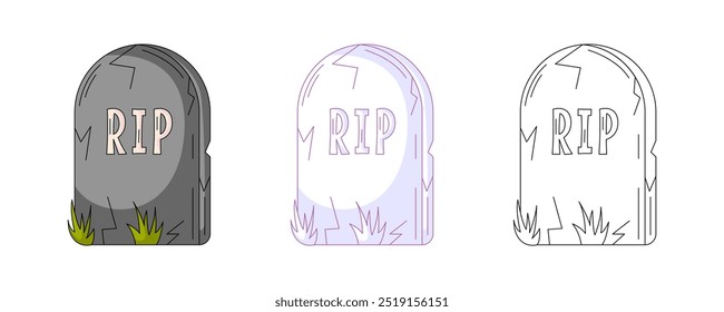 Tombstone with phrase rip, colorful and line icons set. Traditional halloween symbol. Vector flat icon, monochrome purple, color, outline illustration. For logo, sticker, coloring book, label, print
