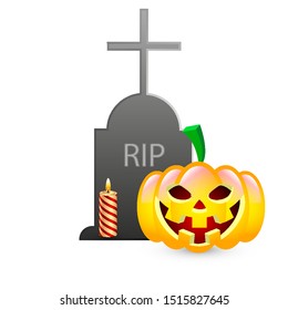 Tombstone and pumpkin with candle for halloween, vector art illustration.