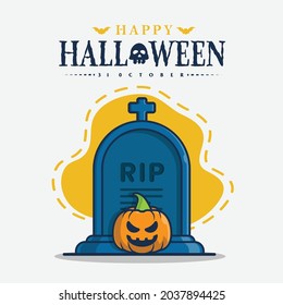 tombstone and pumpkin character with halloween greetings icon illustration