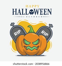 tombstone and pumpkin with happy halloween celebration icon illustration