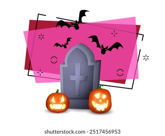 Grabstein mit Kürbislaternen. Halloween Banner Design mit fliegenden Fledermäusen auf abstraktem Hintergrund. Vektorgrafik kann für Einladungen, Poster, Postkarten verwendet werden