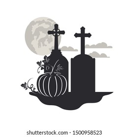 tombstone with pumpkin on white background