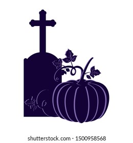 tombstone with pumpkin on white background