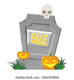 Tombstone with pumpkins, skull and the inscription SALE, vector graphics in cartoon style.