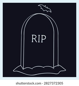 Tombstone with RIP, bat outline. Suitable for somber Halloween graveyard scenes and memorial holiday themes.