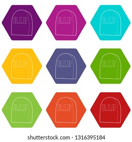 Tombstone with RIP icons 9 set coloful isolated on white for web