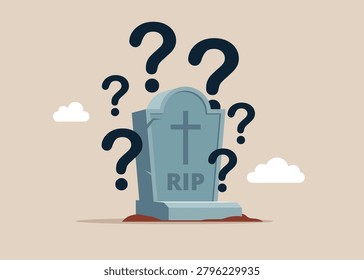 Tombstone with RIP and with question marks. Flat vector illustration