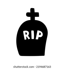 Tombstone with RIP silhouette, isolated on white background. Vector illustration, traditional Halloween decorative element. Halloween silhouette black gravestone with cross  - for design and decor