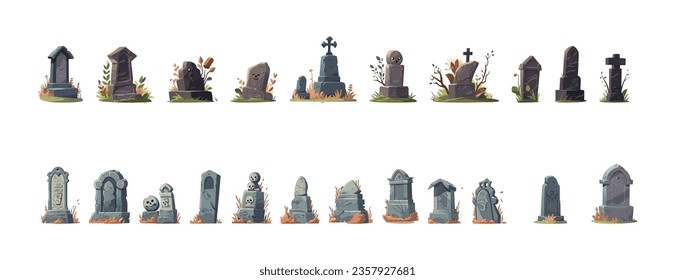 Tombstone set flat cartoon isolated on white background. Vector isometric  illustration