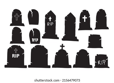 Tombstone set, Halloween graveyard silhouette isolated on a white background. Template for plotter lazer cutting.