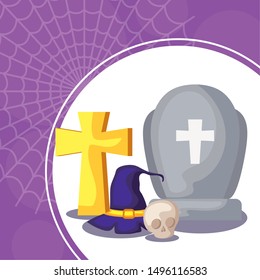 tombstone with set icons in scene halloween