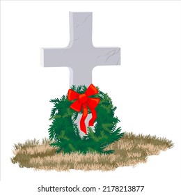 A tombstone in the shape of a cross made of gray marble and a wreath of fir branches on national wreaths across America in honor of fallen heroes.
