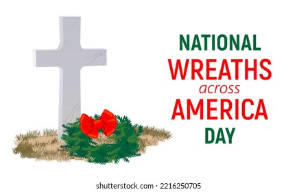 A tombstone in the shape of a cross made of gray marble and a wreath of fir branches on national wreaths across America in honor of fallen heroes..