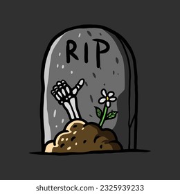 tombstone with skeleton hands out to says Okay. funny vector illsutration. premium design