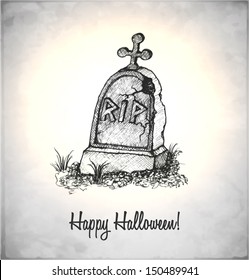 Tombstone in a sketch style. Hand-drawn card for Halloween. Vector illustration.