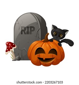 Tombstone with text RIP. Black cat behind a Halloween pumpkin. Fly agaric in the grass. Cartoon vector illustration