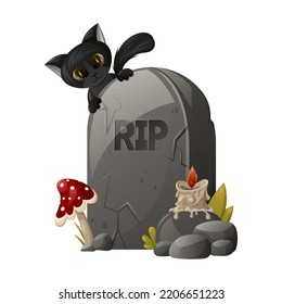 A tombstone with the text RIP, cute black cat behind it, a fly agaric and a burning candle. The memory of the dead. Cartoon vector illustration for Halloween.