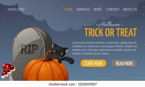 Tombstone with text RIP, fly agaric, cute black cat is behind a pumpkin. Trick or treat. Halloween horizontal template for website. Vector illustration. For banner, store, sale