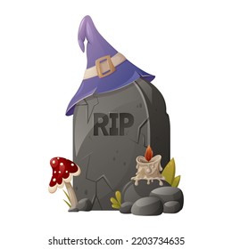 A tombstone with the text RIP, sorcery hat, a fly agaric and a burning candle. The memory of the dead. Cartoon vector illustration for Halloween.