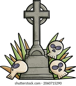 Tombstone with three skulls on it in cartoon style