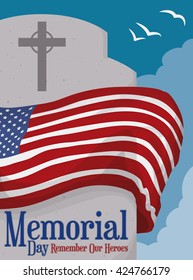 Tombstone view with American flag around it and birds flying in the sky in Memorial Day holiday.