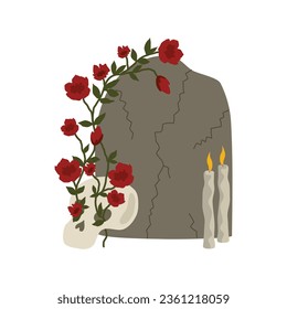 Tombstone wrapped in rose bushes. Monument with burning candles and a skull. Religious traditions. Remembrance of the dead. Doodle illustration for day of the dead, halloween holiday 