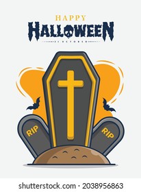 tombstones and coffins with happy halloween celebration icon illustration