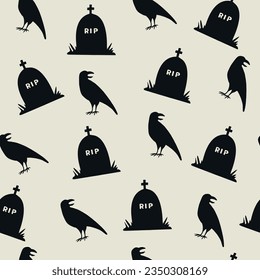 Tombstones and Crows seamless pattern. Halloween attributes. Black hand drawn elements on grey background. Vector illustration