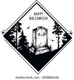 tombstones in the forest. silhouette. Vector graphics. freehand drawing, rhombus frame. forest. happy Halloween. eps	