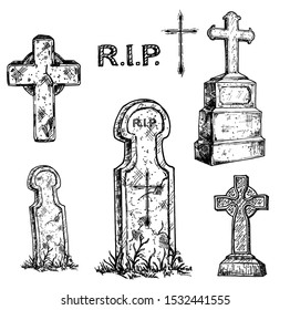 Tombstones and grave crosses set. Old marble stone tombstone with christian cross and title R.I.P. Rest in peace vector drawing illustration for funeral service, card or last farewell card. Sketch.