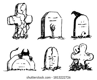 Tombstones with monsters, halloween doodles set. Hand drawn vector illustration. Collection of black contour drawing isolated on white. Elements for holiday design