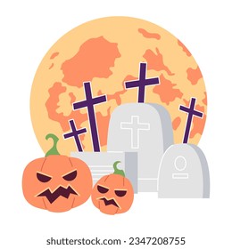 Tombstones pumpkins with glowing moon flat concept vector spot illustration. Graveyard spooky jack o lanterns 2D cartoon composition on white for web UI design. Isolated editable creative hero image