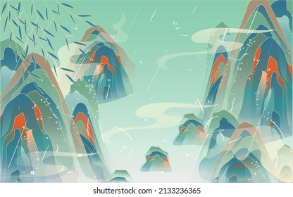 Tomb-sweeping day, there is a boat on a rainy day, landscape scenery, vector illustration