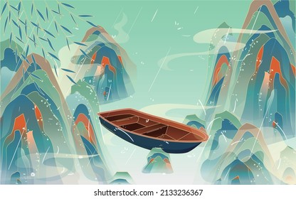 Tomb-sweeping day, there is a boat on a rainy day, landscape scenery, vector illustration