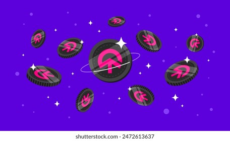 tomi (TOMI) coins falling from the sky. TOMI cryptocurrency concept banner background.