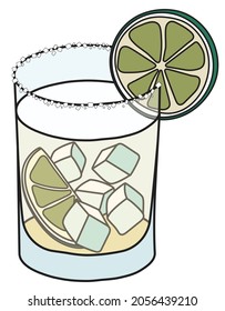 Tommys Margarita Classic New Era Cocktail In A Tumbler Glass. Tequila Based Drink Served On The Rocks And Garnished With Slice Of Lime And Salt Rim. Stylish Doodle Cartoon Style Vector Illustration.