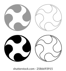 Tomoe symbol religious sign Japanese religions Oriental four petal set icon grey black color vector illustration image solid fill outline contour line thin flat style