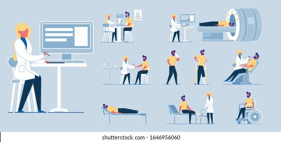 Equipo de estudios tomográficos y radiológicos y conjunto de escenas. Personajes de dibujos animados, Hospital o Clínica y Paquete de Equipamiento. Ilustración Vector plano aislada.
