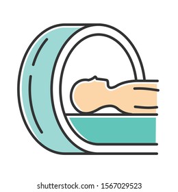 Tomography color icon. Brain scan. Cancer tumor risk check. Illness diagnosis. Disease examination. Professional medical procedure. Hospital equipment. Health evaluation. Isolated vector illustration
