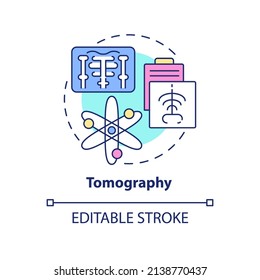 Icono de concepto de tomografía. Tecnología de la atención al paciente. Ilustración de línea delgada de idea abstracta con imágenes diagnósticas. Dibujo de contorno aislado. Trazo editable. Fuentes Arial, Myriad Pro-Bold utilizadas