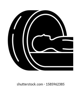 Tomography glyph icon. Brain scan. Cancer tumor check. Illness diagnosis. Disease examination. Medical procedure. Health evaluation. Silhouette symbol. Negative space. Vector isolated illustration